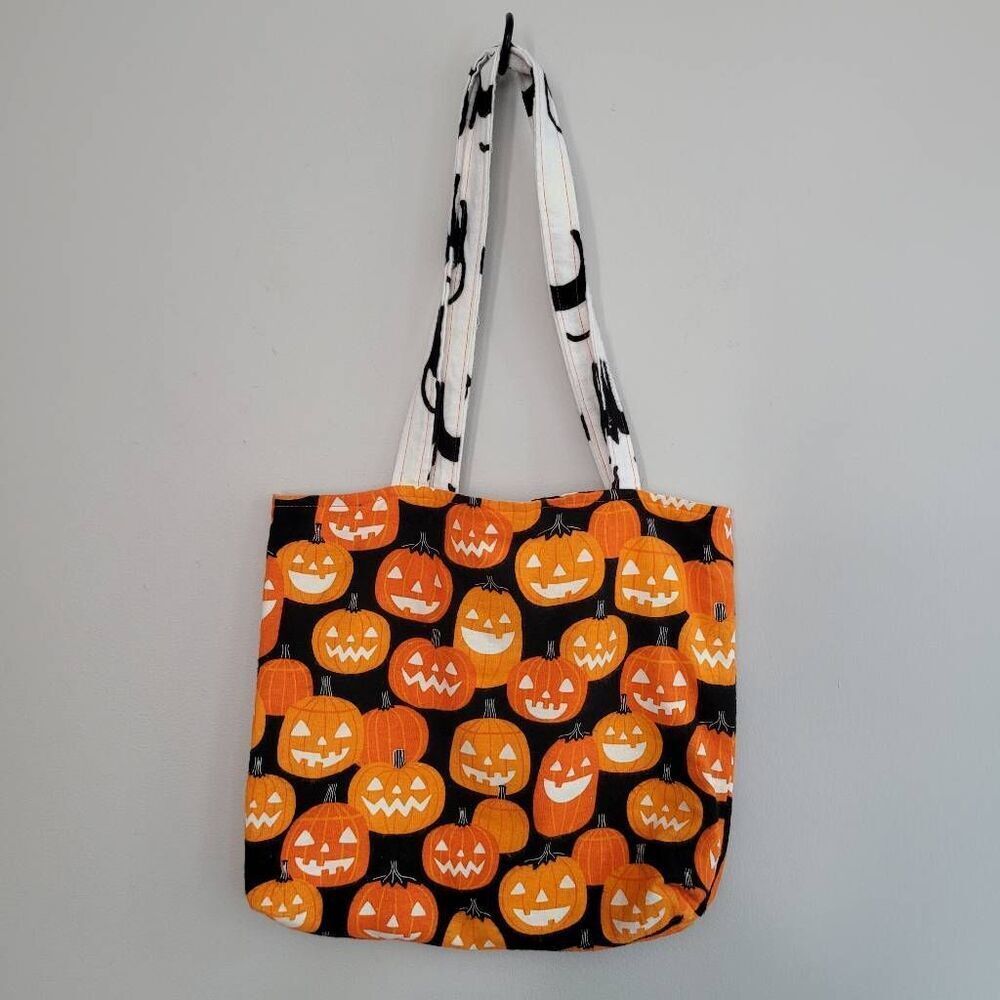Halloween reversible felt tote pumpkin black cat print glow in the dark spooky h
